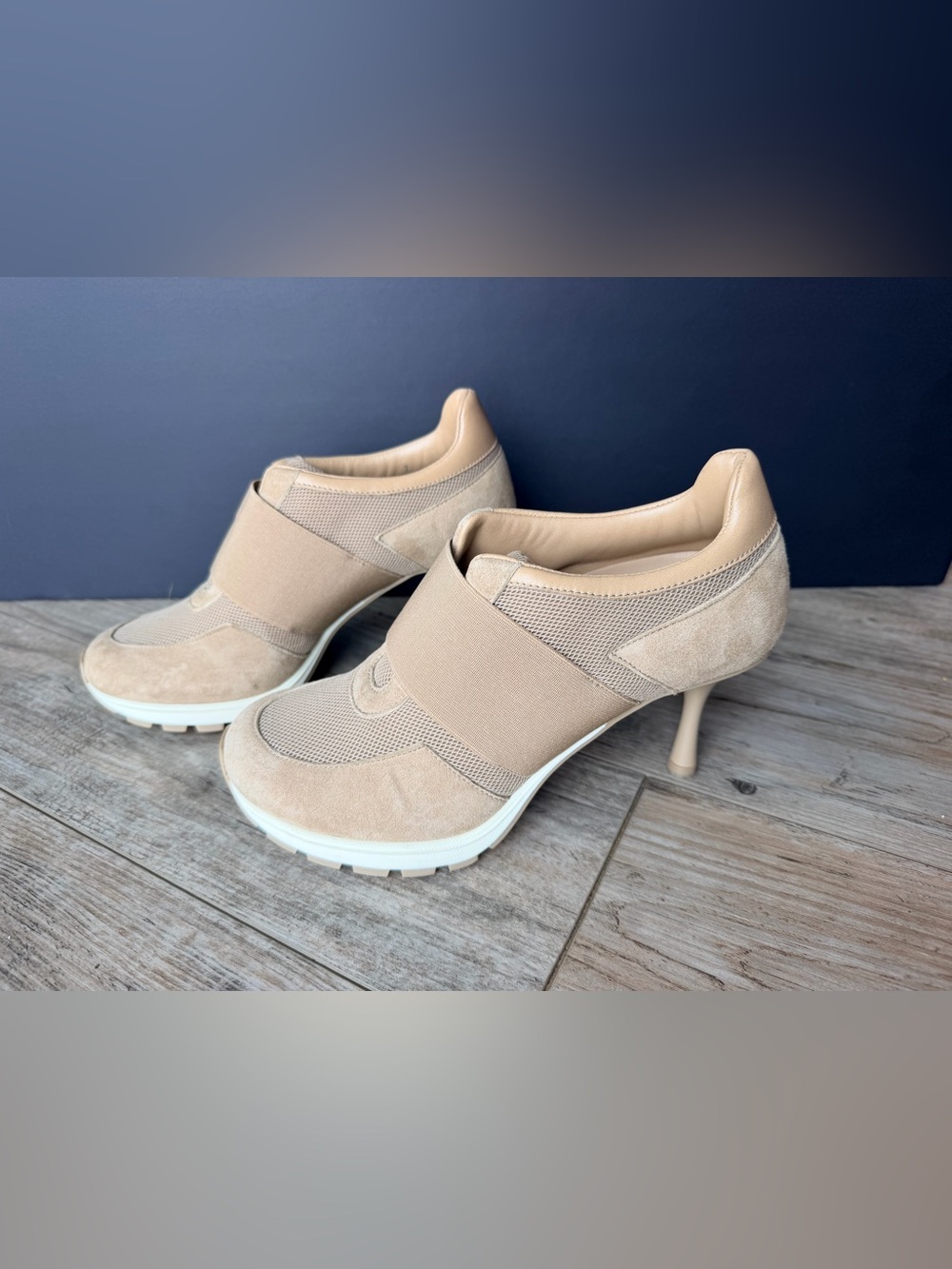 Sneex The Icon Hybrid Sneaker Heels Camel Sand Suede Mesh Pumps